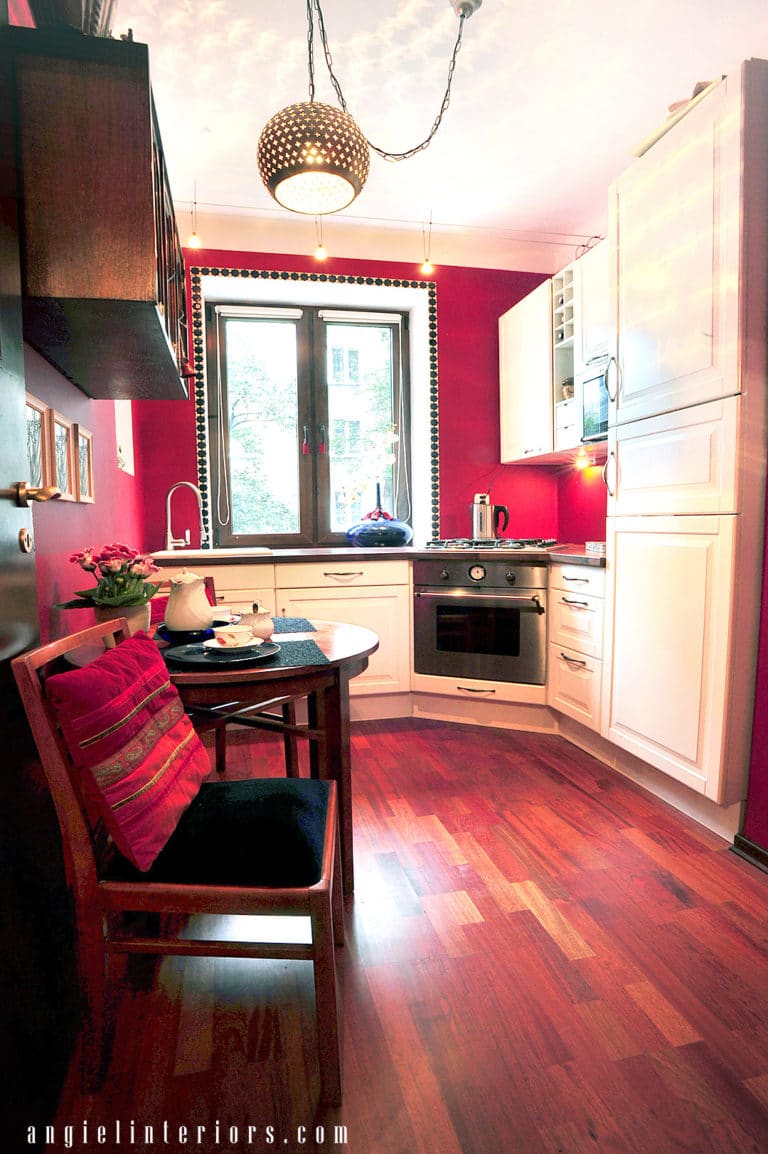 Red white and blue kitchen with ikea cabinets