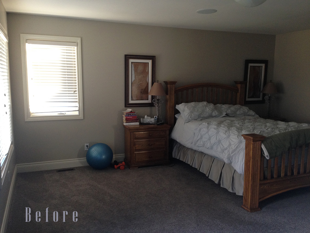 wooden bed and nightstands in big master bedroom